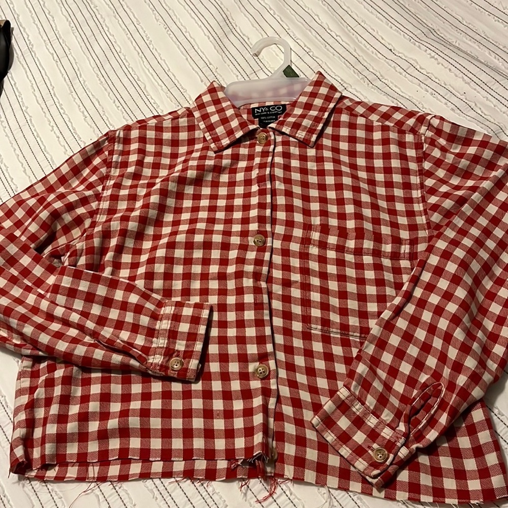 NY & Company size Small fringe flannel checkered red/white button shirt.